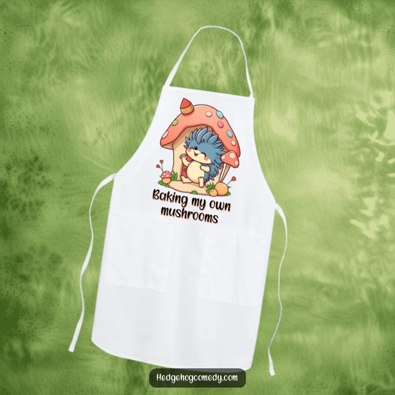 Funny apron featuring an excited hedgehog decorating a mushroom house, perfect for crafting or cooking with a dose of humor.