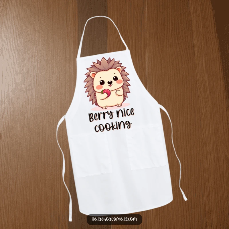 Funny Kawaii Hedgehog Apron: A cute hedgehog shyly waves and offers a berry on this charming kitchen apron.