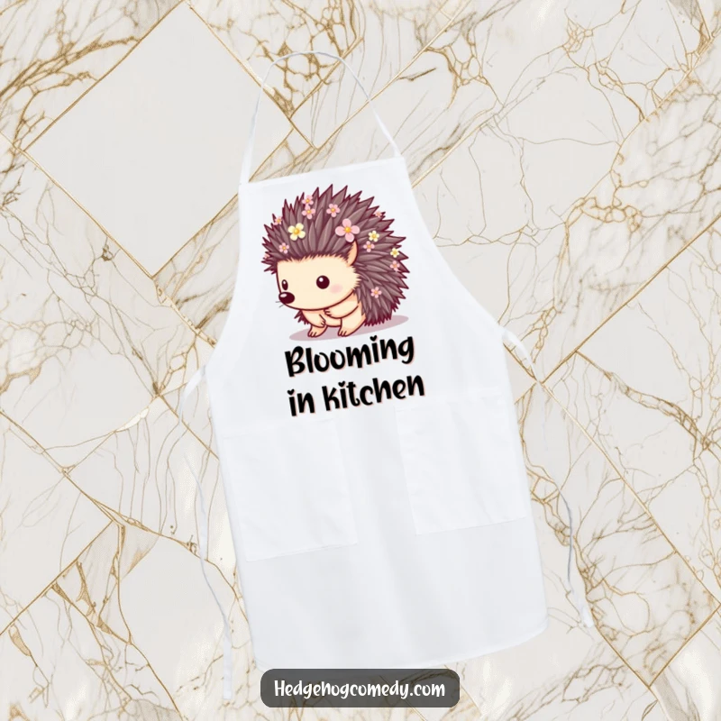 Funny cute kitchen apron with a hedgehog whose quills are adorned with small flowers, a charming accessory for cooks.