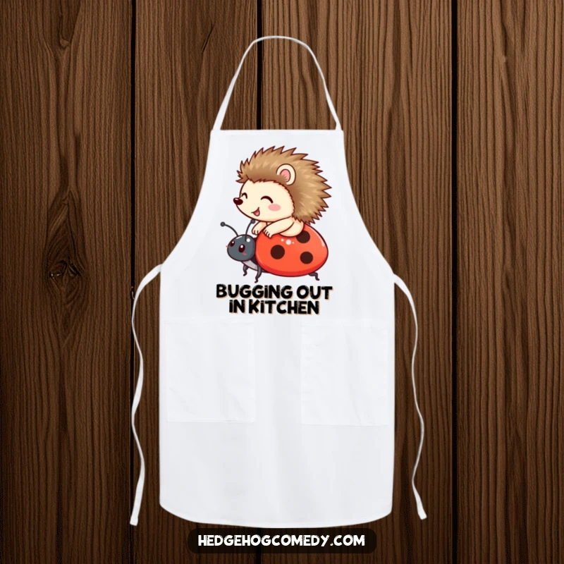 Funny happy hedgehog riding a friendly ladybug on an apron, adding adventure and cheer to the kitchen, great funny gift.