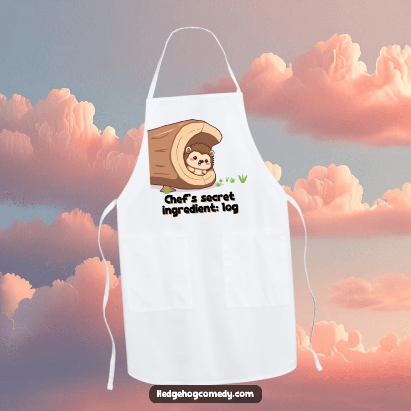 Funny giggling hedgehog peeking from a log, a funny apron for kitchen humor and gifts.