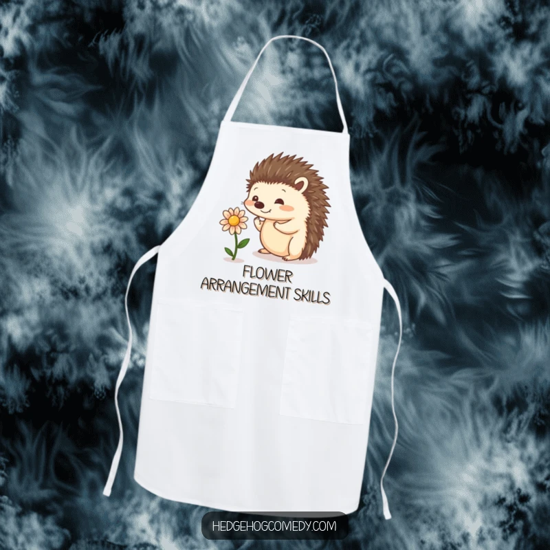 Funny cute kitchen apron with a playful hedgehog balancing a tiny flower, a charming accessory for food preparation.