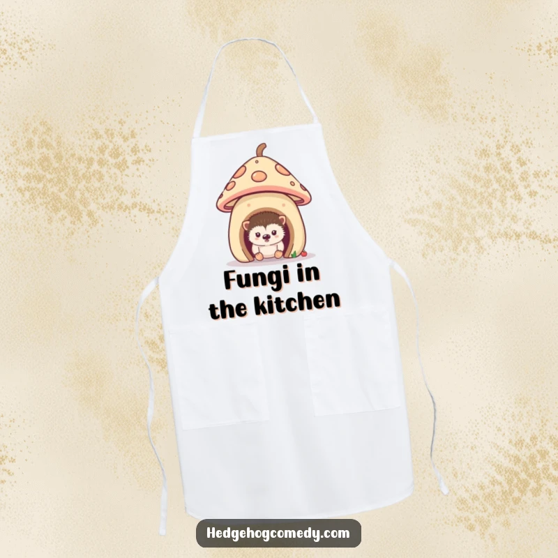 Funny apron with a curious hedgehog peeking from its mushroom home, ready to keep you clean with a dash of adorable mischief.