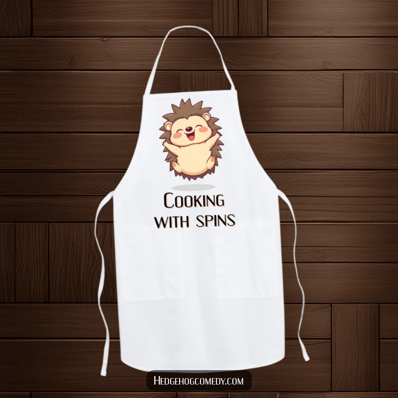 Funny apron depicting a joyful hedgehog doing a delighted somersault with a happy squeak.