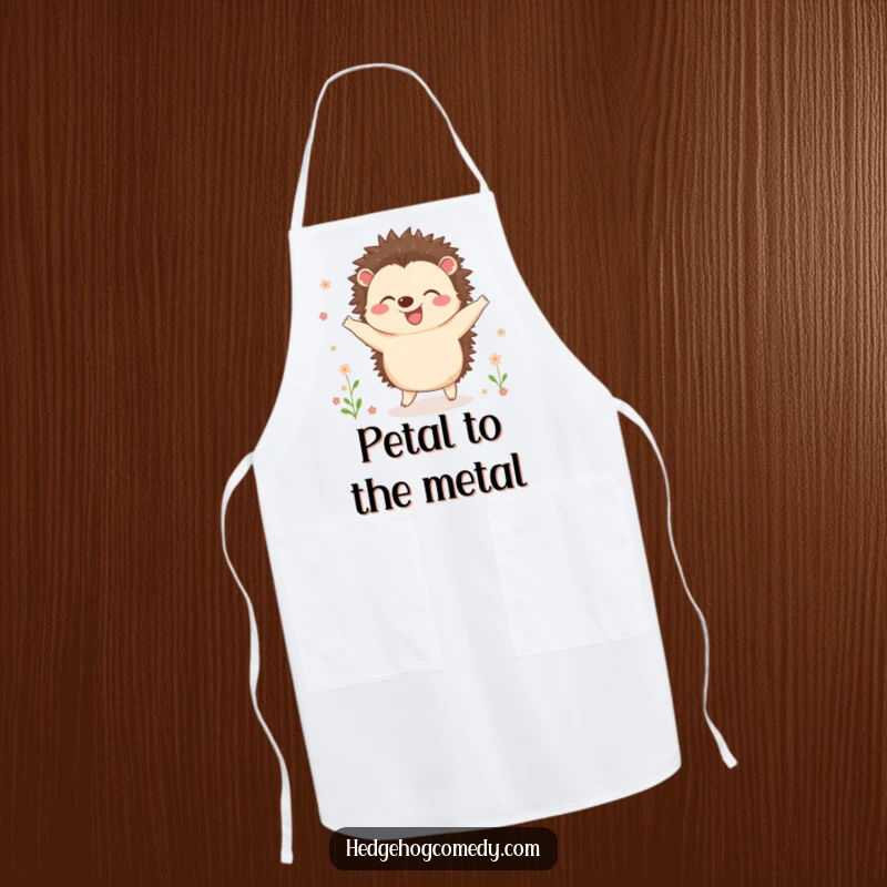 Funny apron with a joyful hedgehog dancing amongst blooming flowers, ready to keep you clean with a touch of garden cheer.