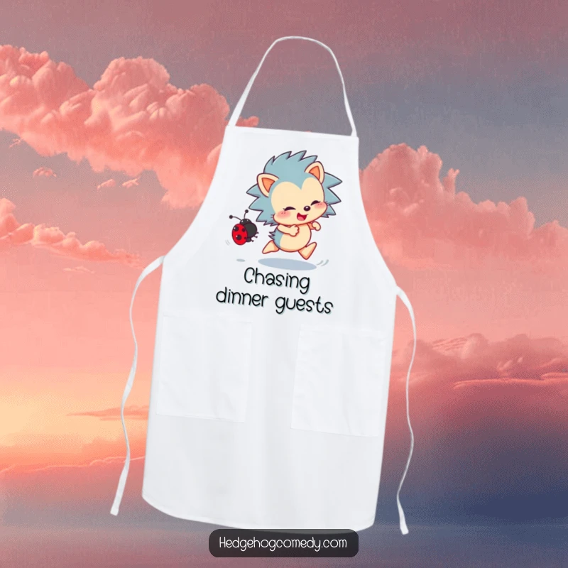 Funny Hedgehog Apron: Energetic hedgehog enthusiastically chasing a ladybug, perfect for humorous kitchen adventures.
