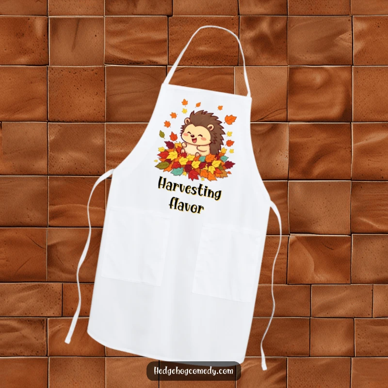 Funny apron showing a happy hedgehog character rolling in a pile of colorful autumn leaves, adding seasonal fun to cooking.