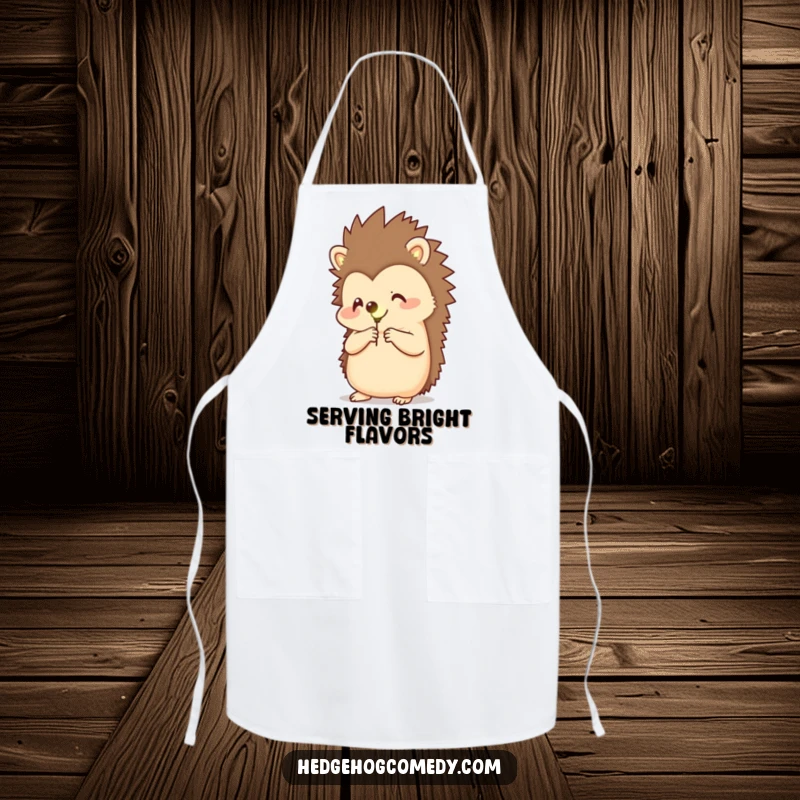 Funny cooking apron featuring a happy hedgehog holding a glowing firefly, perfect for adding magic to culinary creations.