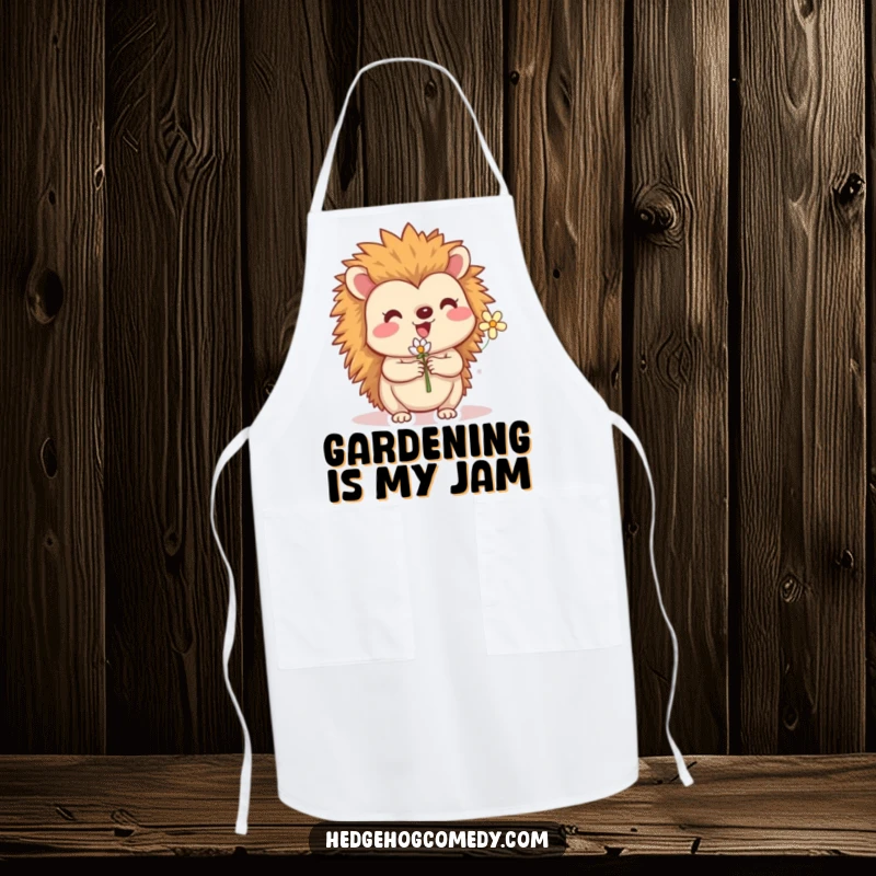 Funny apron showcasing a cheerful hedgehog holding a tiny flower. Ideal for cooking, baking, or gardening with a smile.