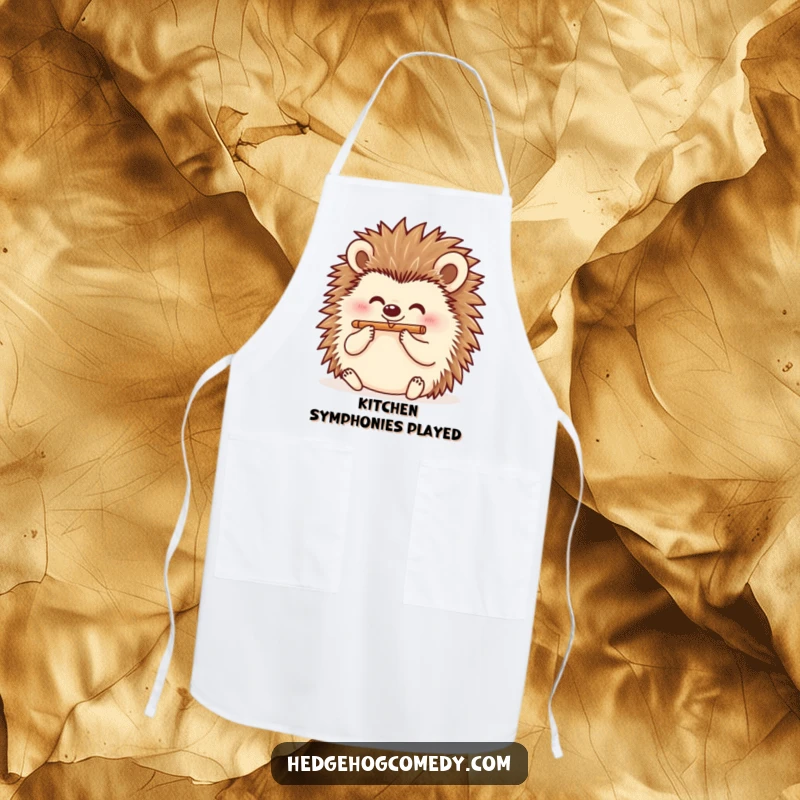 Funny hedgehog playing a flute on an apron, adding musical cheer to the kitchen, great funny gift.