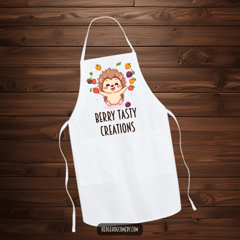 Funny Hedgehog Apron showing a happy hedgehog character juggling colorful berries, bringing humor to cooking.