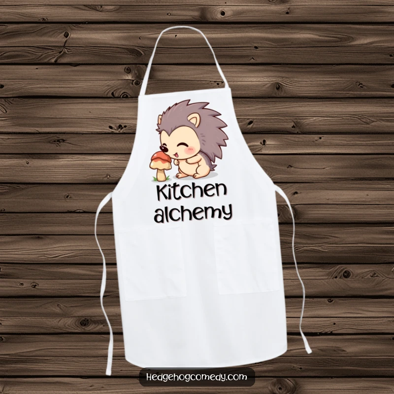 Funny hedgehog with an excited expression sniffing a mushroom on a kitchen apron, adding humor to cooking and baking.
