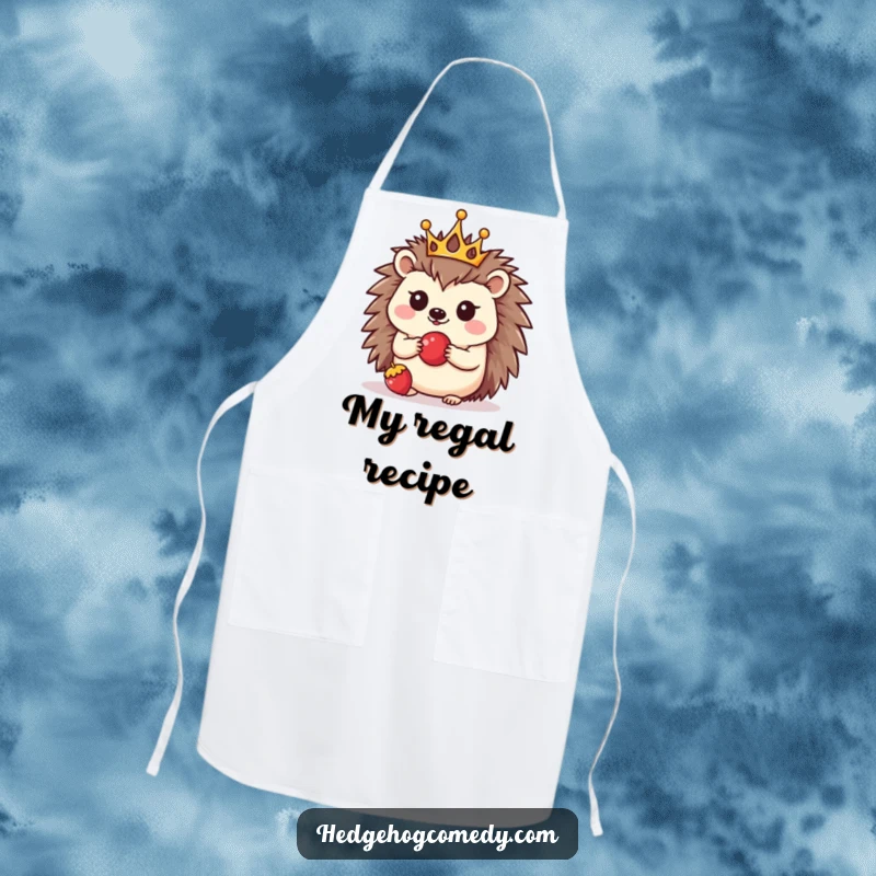 Funny apron showcasing a kawaii hedgehog with a crown, balancing a berry, making kitchen tasks more enjoyable with cute humor.