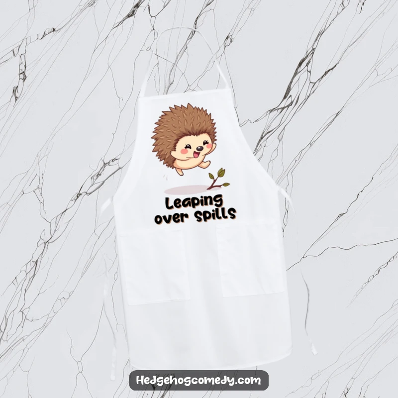 Funny Kawaii Hedgehog Apron: A cute hedgehog leaps with excitement over a twig on this fun kitchen apron.