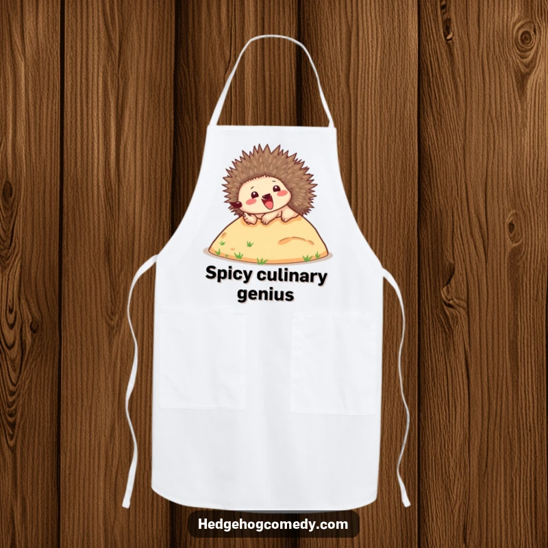 Funny apron featuring a happy hedgehog rolling down a hill, spines up, ready to protect your clothes with a playful, clumsy charm.