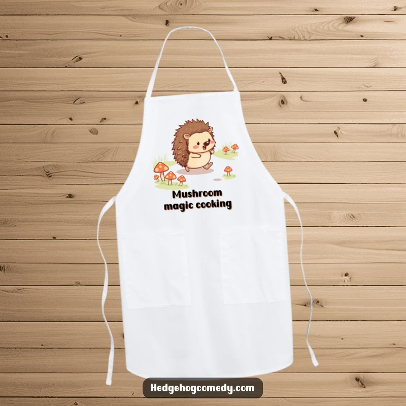 Funny cheerful hedgehog skipping on a mushroom path on an apron, adding cheer to the kitchen, great funny gift.