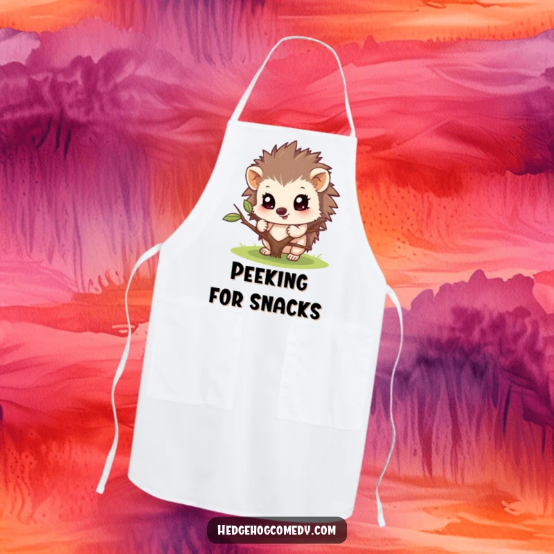 Funny apron showing a hedgehog playfully peeking from behind a twig. Great for cooking, baking, or gardening with a chuckle.