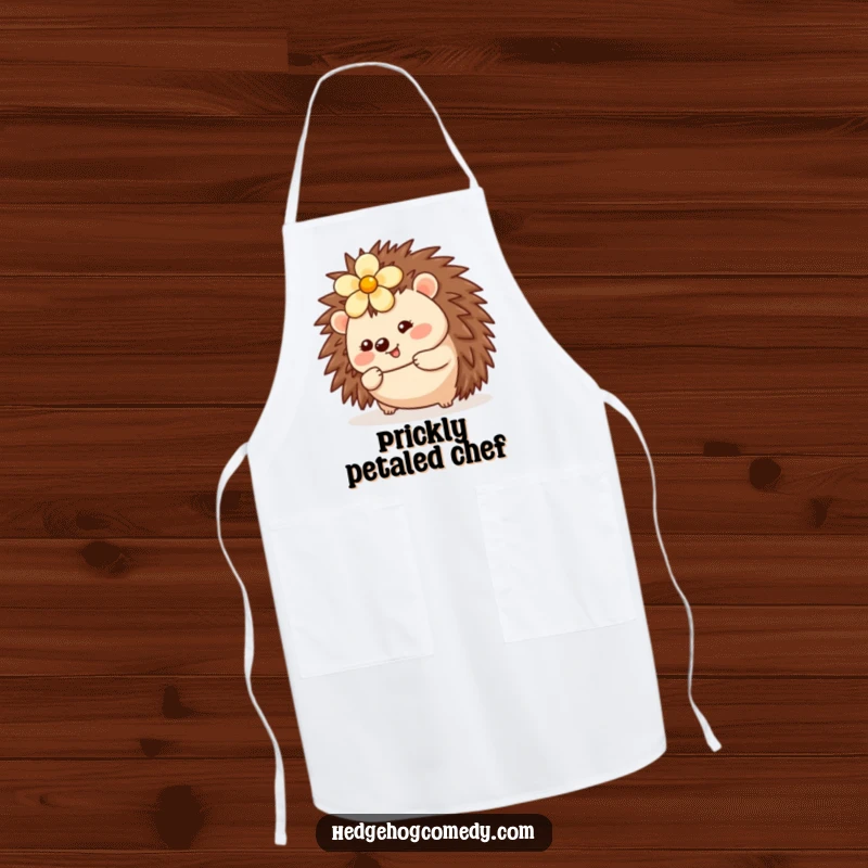 Funny Kawaii Hedgehog Apron: A cheerful hedgehog with a flower on its head rolls across this cute kitchen apron.