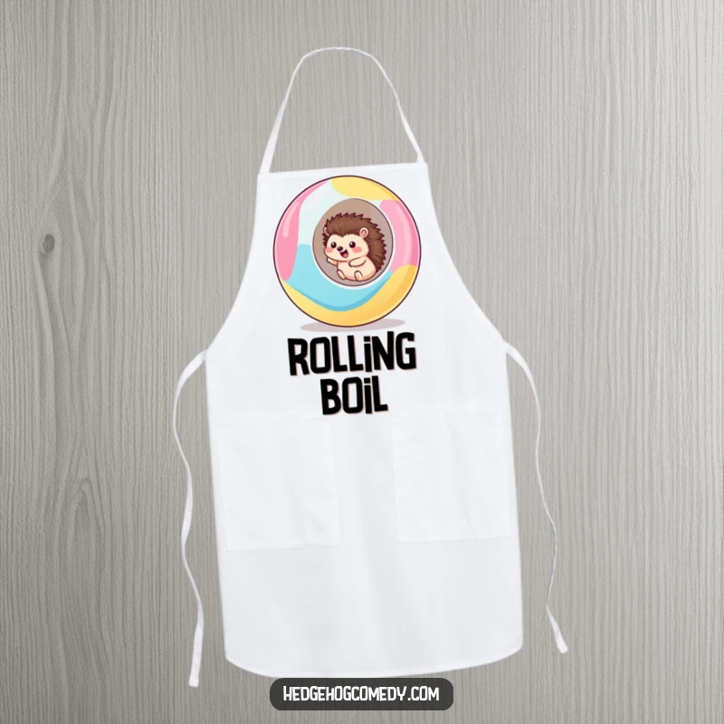 Funny kawaii hedgehog apron showing a cute hedgehog excitedly rolling downhill inside a giant, colorful ball, ready for culinary adventures.