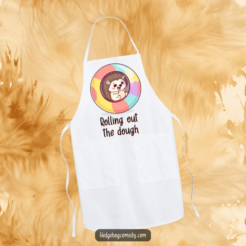 Funny Apron depicting a cheerful Kawaii hedgehog rolling downhill inside a giant, colorful ball, ready for kitchen fun.