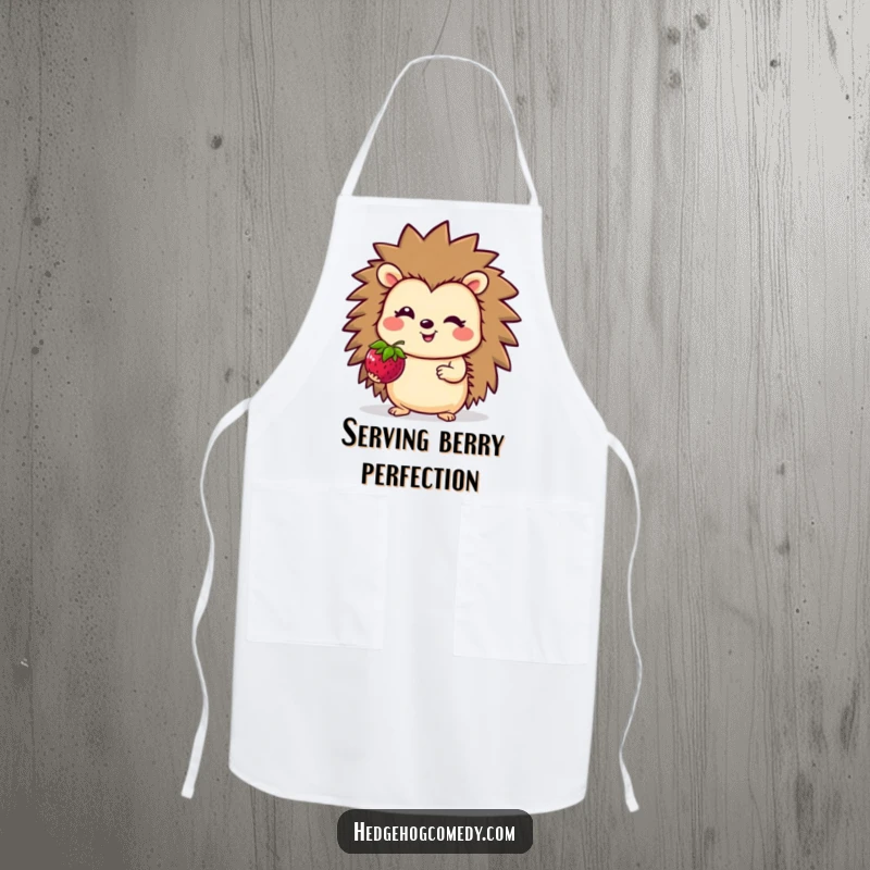 Funny Apron featuring a smiling hedgehog character offering a berry, ideal for kitchen use with a touch of humor.