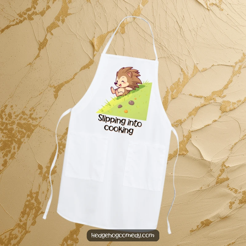 Funny cooking apron featuring a hedgehog sliding down a grass slope with glee, bringing playful energy to the kitchen.