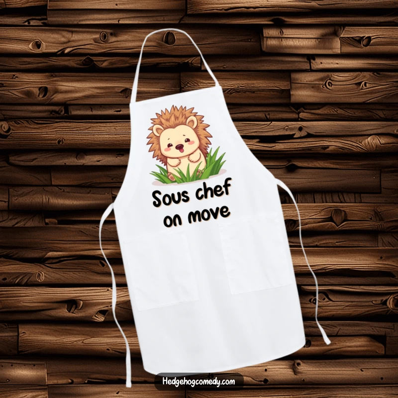 Funny hedgehog happily waddling through green grass on a kitchen apron, bringing cheer to cooking and baking.