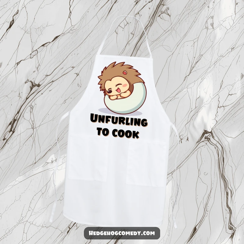 Funny Hedgehog Apron showing a character excitedly uncurling from a ball, ideal for kitchen fun and humorous cooking.