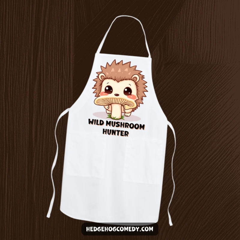 Funny Apron depicting a cheerful Kawaii hedgehog curiously sniffing a large mushroom, surrounded by dewy forest elements.