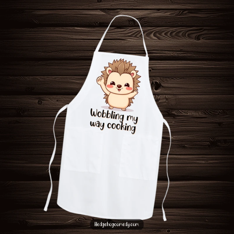 Funny apron with a friendly hedgehog character giving a tiny, wobbly wave, perfect for a cheerful kitchen.