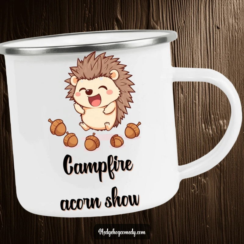 Funny adorable kawaii hedgehog juggling acorns with its feet, ideal for a humorous camping gift.