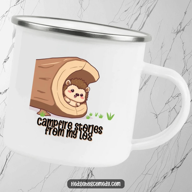 Funny giggling hedgehog peeking from a log, a rugged camping mug for humorous outdoor gifts.