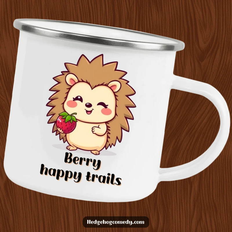 Funny Camping Mug featuring a smiling hedgehog character offering a berry, ideal for outdoor use and travel.