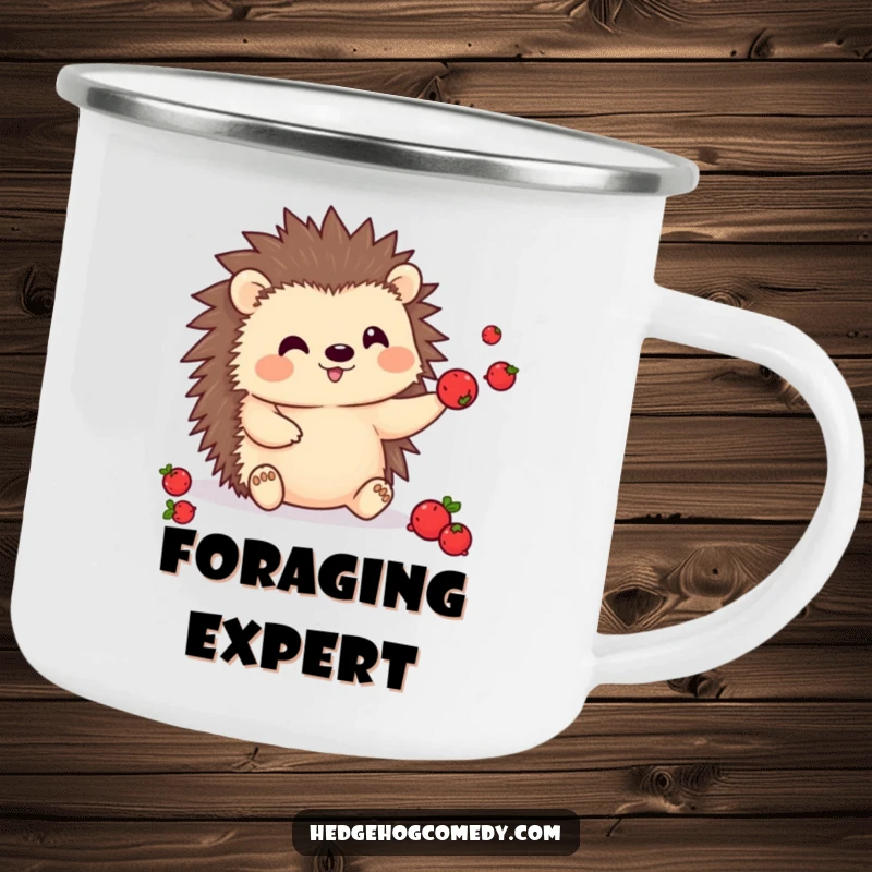 Funny kawaii hedgehog camping mug, juggling berries, a cute and skilled character enjoying the outdoors.