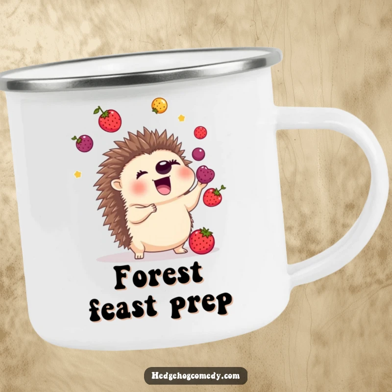 Funny camping mug showing an excited hedgehog juggling berries with its quills, perfect for enjoying drinks amidst nature's bounty.