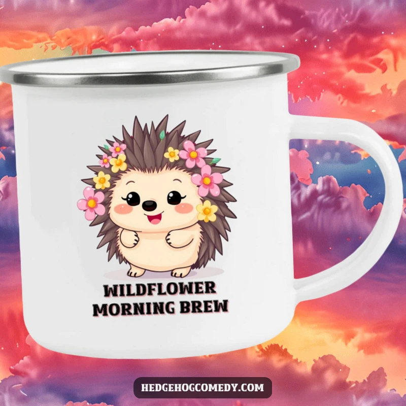 Funny adorable kawaii hedgehog with quills adorned with colorful flowers, ideal for a humorous camping gift.