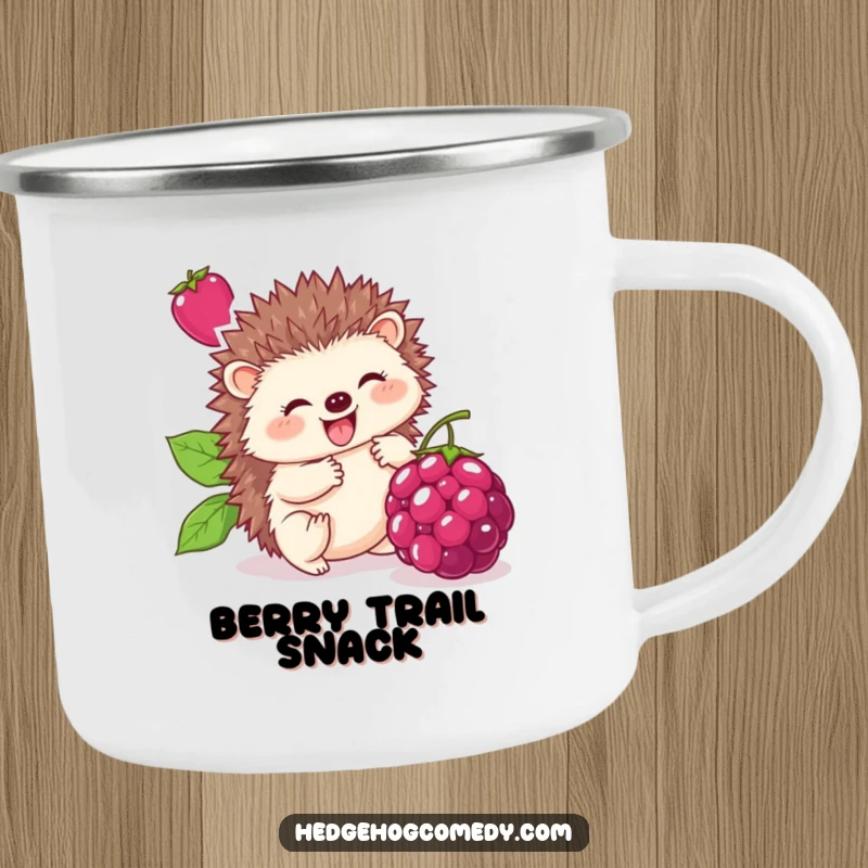 Funny camping mug graphic of a cute hedgehog joyfully rolling a large berry, perfect for outdoor enjoyment with humor.