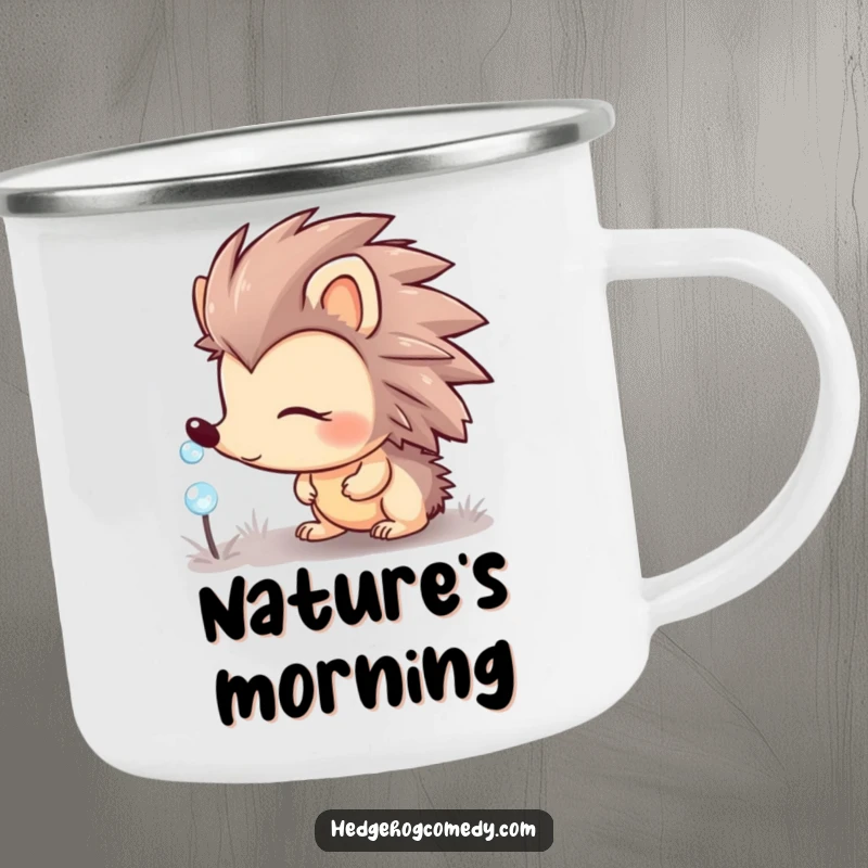 Funny hedgehog character looking curious at a sparkling dewdrop on a durable camping mug, for campers.