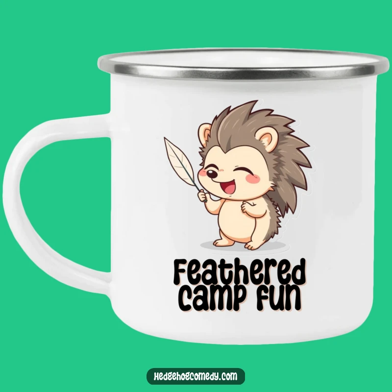 Funny Hedgehog Camping Mug: Giggling Over Feather Tickle, Outdoor Cute Gift