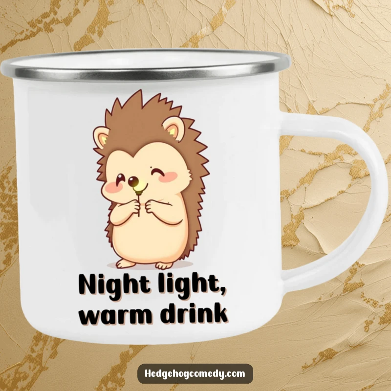 Funny camping mug featuring a happy hedgehog holding a glowing firefly, perfect for enjoying magical outdoor moments.