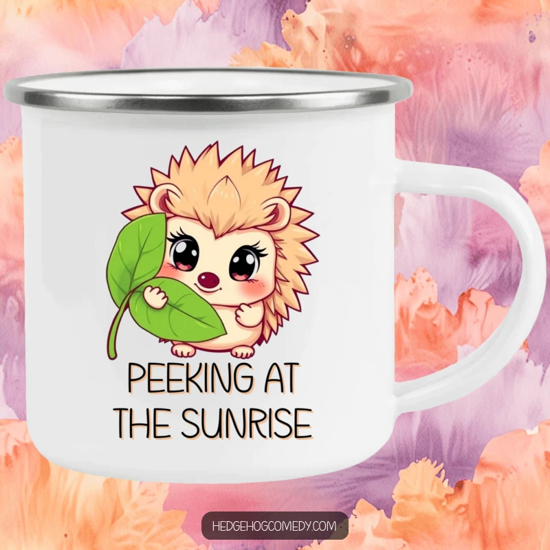 Funny camping mug graphic of a hedgehog with wide eyes peeking from behind a leaf, perfect for outdoor enjoyment with humor.
