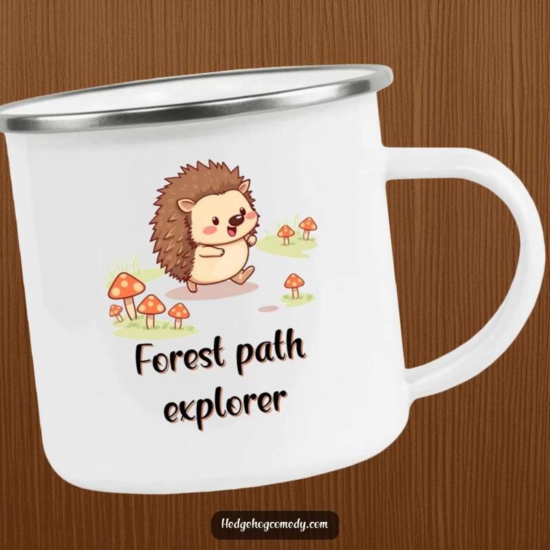 Funny cheerful hedgehog skipping on a mushroom path on a camping mug, perfect for outdoor adventures and as a funny gift.