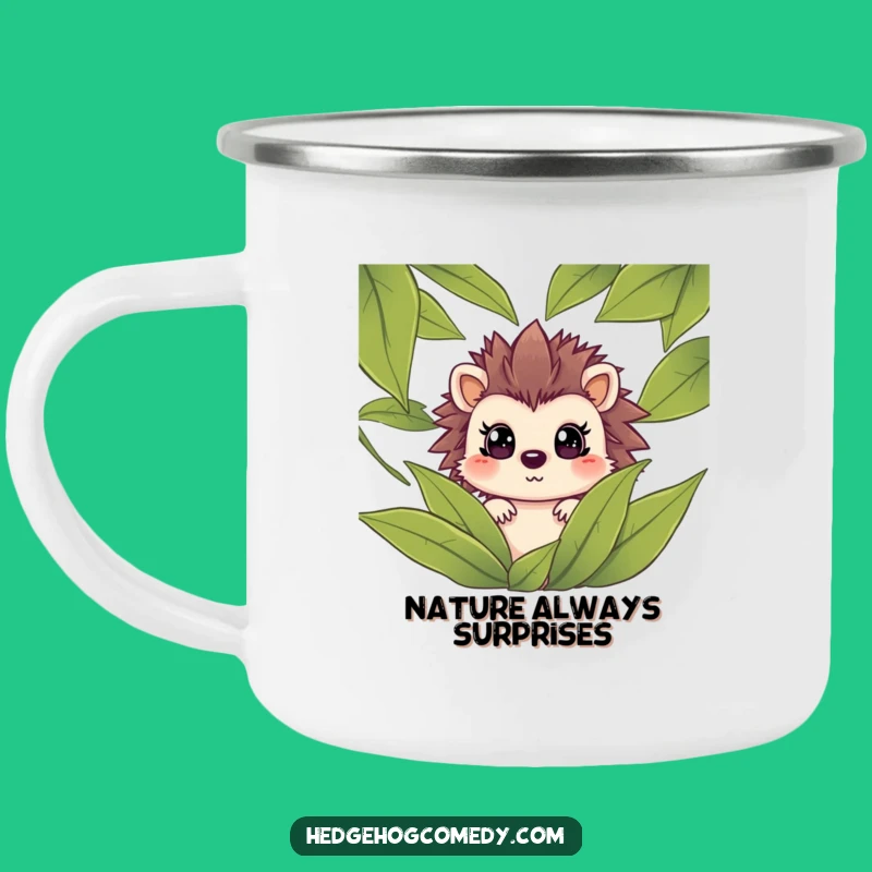 Funny Hedgehog Surprise Camping Mug: Hilarious Peeking Leaves Enamel Cup, Outdoor Gift