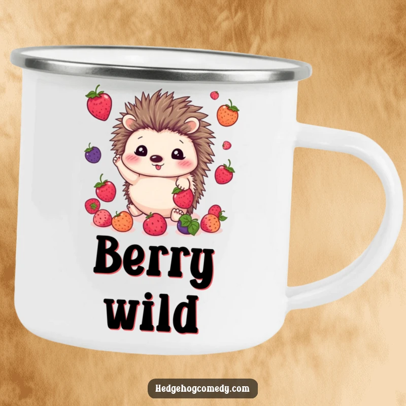 Funny kawaii hedgehog camp mug showing a cute hedgehog happily juggling colorful berries, ideal for outdoor adventures.