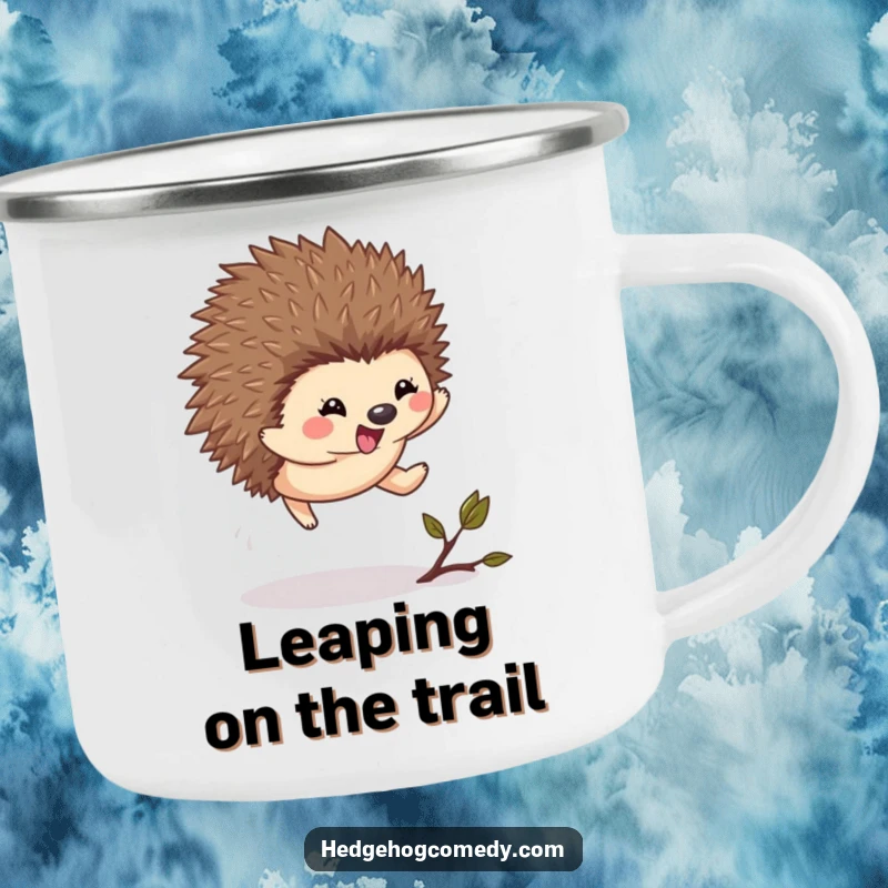Funny Kawaii Hedgehog Camping Mug: A cute hedgehog leaps excitedly over a twig on this rugged outdoor mug.