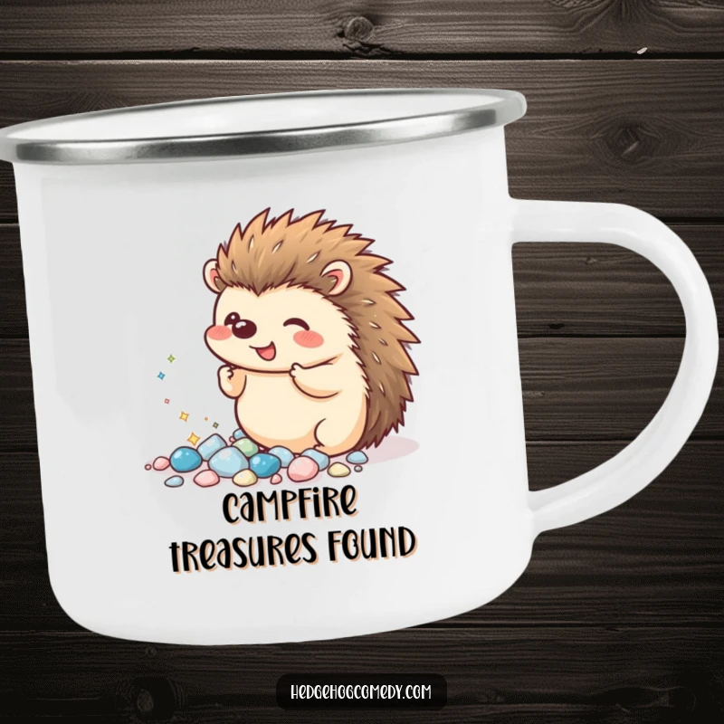 Funny Kawaii Hedgehog Camping Mug: An excited hedgehog proudly displays tiny, sparkling pebbles, designed for outdoor collecting and cheer.