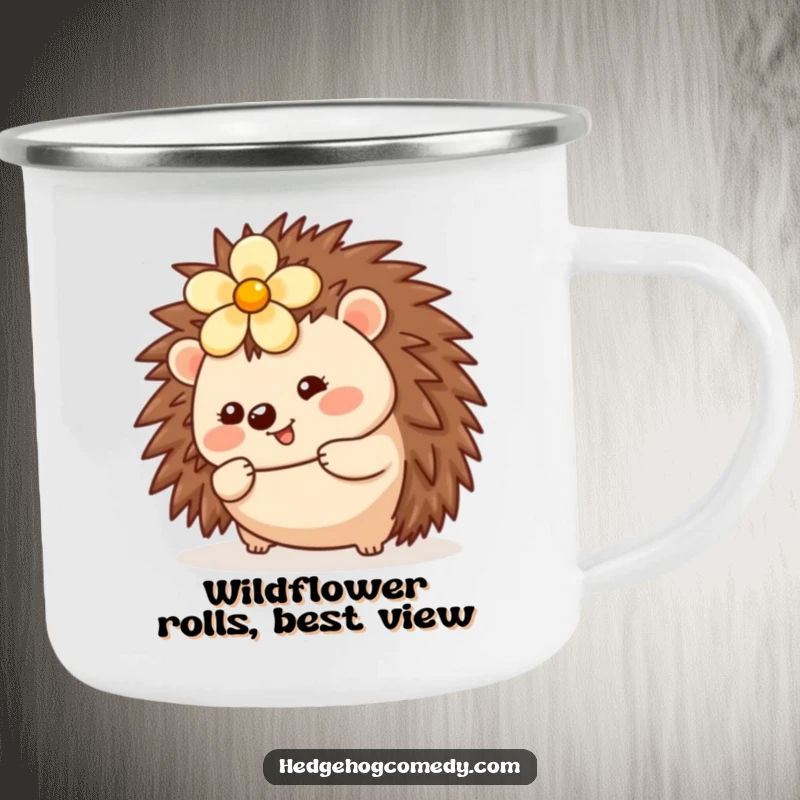 Funny Kawaii Hedgehog Camping Mug: A cute hedgehog with a flower rolls happily on this durable mug for outdoor fun.