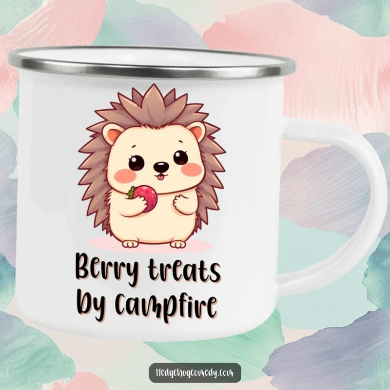 Funny Kawaii Hedgehog Camping Mug: A shy hedgehog waves and offers a berry on this cute and rugged outdoor mug.