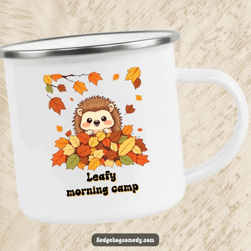 Funny adorable kawaii hedgehog peeking from autumn leaves, ideal for a humorous camping gift.