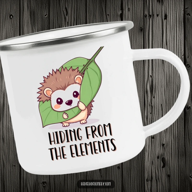 Funny mischievous hedgehog hiding behind a leaf on a camping mug, perfect for outdoor fun and as a funny gift.